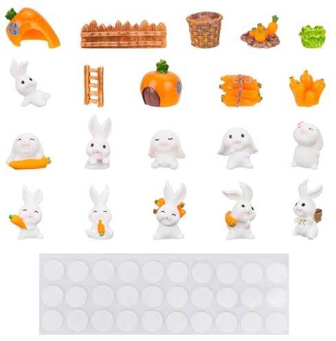 QZDAFFIC 20 Stück Hase Tortendeko Mini Figuren mit 30 Klebepunkte Doppelseitig, Harz Cake Topper Geburtstag für Birthday Ostern Geschenke Fairy Garden Landschaft Weihnachten