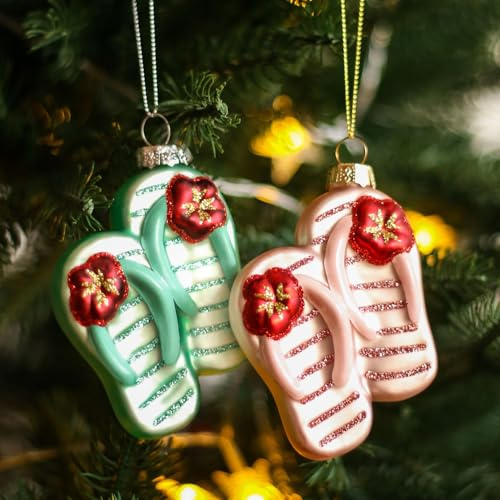 Amanman mundgeblasenes Glas Flip Flop Ornamente - 2er Set Strand Weihnachtsbaumschmuck, handbemalt mit Weihnachtssternen