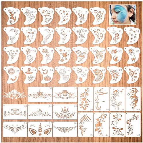 Celblisora 46 Stück Gesichtsbemalungsschablonen, Wiederverwendbare Vorlagen für Halloween-Körperbemalung, Gesichtsbemalung für Make-up,Halloween-Party-Kunstmalerei