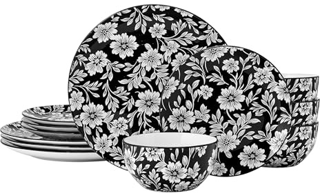 Pfaltzgraff Midnight Blooms Geschirrset, Teller und Schüssel, Steingut, Blumenmuster, 12-teilig, Schwarz