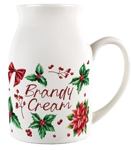 Christmas Holly Brandy Cream Jug - Small Porcelain Jug Pitcher with Handle for Xmas Dinner, 450ml, White