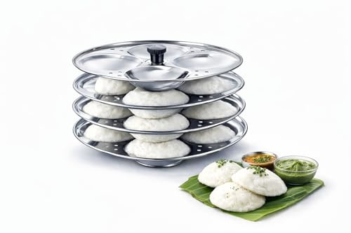 Stainless Steel Idli Stand 4 Plates – Makes 16 Idlis at a Time – Compatible with 5L+ Pressure Cooker – Deep Mould Steamer Rack for Soft Idlis – Rust Resistant & Easy to Clean