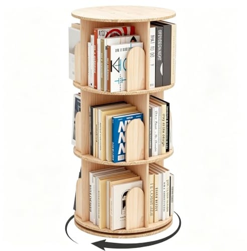 Wumagin Bücherregal Kinder, 360° Drehbares Bücherregal mit 3 Ebenen, Drehregal Spielzeugregal, Multifunktionales Bücherregal Massivholz für Wohnzimmer, Home Office
