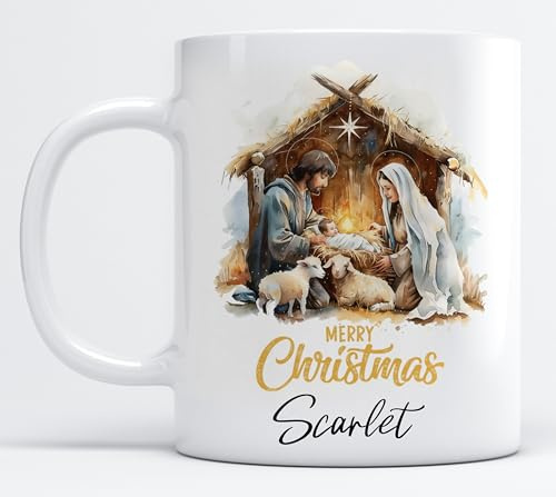 EKAM Personalised Merry Christmas Mug with Holy Family Design, Custom Name Nativity Scene Ceramic Cup, Christmas Coffee Mug 11oz, Gift for Christian, Customised Merry Christmas Cup