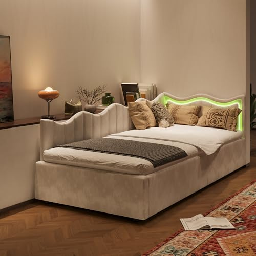 KOOPMAD Einzelbett 90x200 mit Stauraum, Polsterbett Schlafsofa mit LED, Jugendbett,Gästebett Daybett Tagesbett, Boxspringbett, Kinderbett, Bettgestell mit Lattenrost, Ohne Matratze (Beige-A)