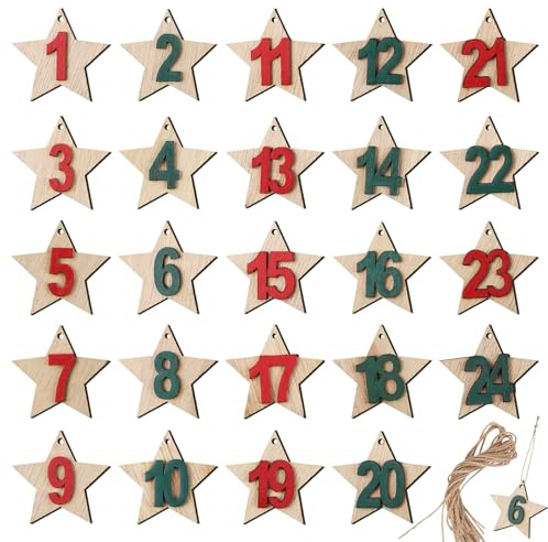 Simsky 24 Stück Adventskalender Zahlen Holz 1-24 mit Sternen-Muster, Holzzahlen Anhänger zum Basteln, Weihnachtsbaum Dekoration, Countdown Kalender für Weihnachten, Weihnachtsdekoration