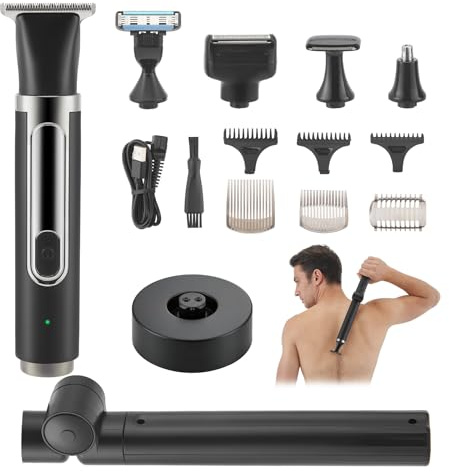Delousiber Men's Back Shaver and Body Trimmer, 5-in-1 Electric Body Groomer with Extendable Handle, IPX7 Waterproof, Adjustable Speed, Cordless for Back, Chest, Face, Nose Hair Removal