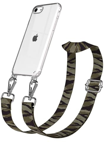 EAZY CASE Handykette - Verstellbares Taschenband kompatibel mit iPhone SE (2022/2020) / iPhone 8/7, Schulterriemen, Handykordel mit Silikon Hülle, Umhängetasche, Grün Camouflage Silber