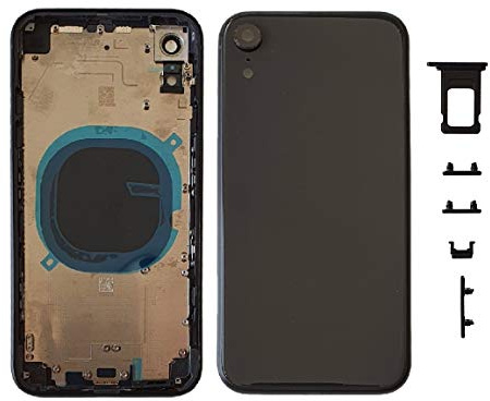 DHLK® Chasis Tapa Carcasa Trasera en Vidrio Compatible con iPhone XR SIN Logo, SIN COMPONENTES PREINSTALADOS Frame,Botones y Pegatina de batería (Negro)