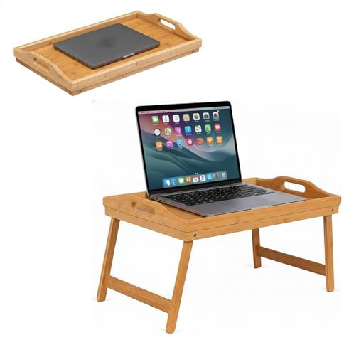 OCEANO Vassoio da Letto Pieghevole in Legno di Bambu con Gambe e Manici per Colazione a Letto Mangiare sul Divano Relax Tavolino per Pasti da Appoggio da Portata Portavivande da grembo 49x30x25cm