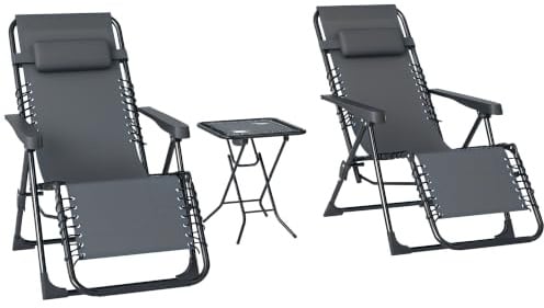 Outsunny Gartenliege Set 3-TLG. Klappbar 2 Stühle 90x65x110 cm Grau | Sonnenliege mit Teetisch, Kopfkissen, Outdoor Liege Wetterfest, Liegestuhl aus Metall, Strandliege für Garten/Terrasse
