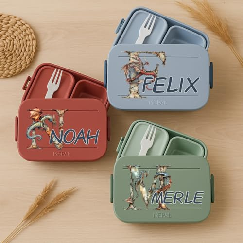 Mepal Brotdose personalisiert mit Namen – Bento Brotdose Kinder mit Fächern & Gabel – Lunchbox Drache Fantasy Buchstabe Druck – Brotdose Schule Kindergarten BPA frei spülmaschinenfest