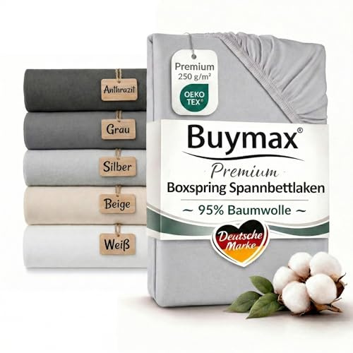 Buymax Boxspringbett Spannbettlaken 90x200 bis 100x220 cm Silber – Premium Jersey 250 g/m² – 95% Baumwolle 5% Elastan – bis 35 cm Matratzenhöhe
