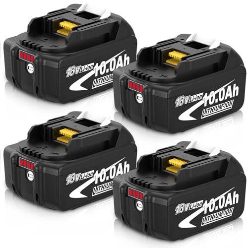 Pack de 4 Batteries 10.0Ah de Rechange pour Makita Batterie 18V BL1860B BL1850B BL1840B Compatible Charge DC18RC DC18RD-Outils sans Fil LXT DHP485 DTD154 DHS68 -Haute Autonomie pour Chantier/Jardin