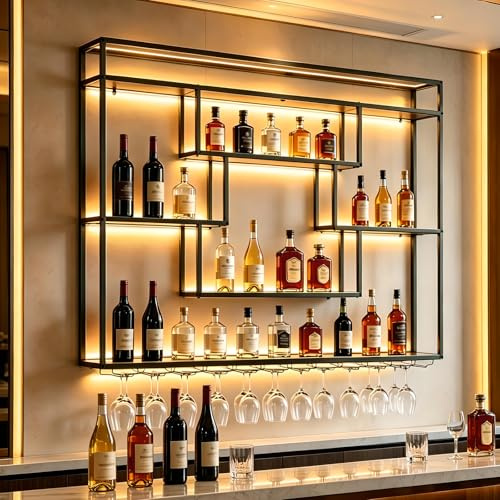 KEPMOGOH Weinregal Wand mit glashalter, Großes Metall Multi funktionaler Weinflaschenregal, Industriell Wandmontierte Weinregal, für Bars, Küche, Restaurant (140 * 120 * 20cm)