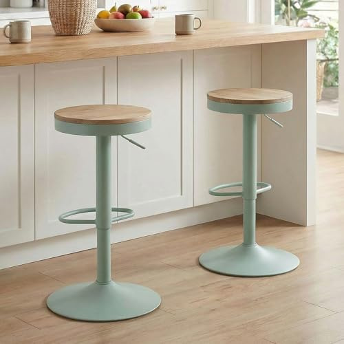 Kidol & Shellder Barhocker 2er Set Minzgrün, Höhenverstellbar 56-80cm, Drehbar, Ohne Lehne, Holz Sitzfläche, Mit Fußrasten, Küchenbarhocker