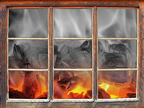 Stil.Zeit Möbel brennende Holzkohle in Kamin schwarz/weiß, Fenster 3D-Wandsticker Format: 92x62cm Wanddekoration 3D-Wandaufkleber Wandtattoo
