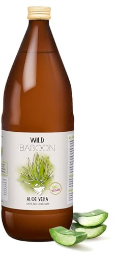 Wild Baboon Bio Aloe Vera Saft, 100% Direktsaft, 1200mg/Liter Aloverose, 1 Liter, nachhaltiger Anbau durch Familienbetrieb, Braunglas, Vegan, DE-ÖKO-005