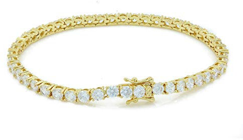 Bling Bling NY Unisex 4 mm massives 925er Sterlingsilber 14 Karat vergoldete Tenniskette Zirkonia 1-reihige Choker-Halskette 40,6–76,2 cm Armband 16,5–22,9 cm Anlaufschutz, Sterling Silber, Zirkonia