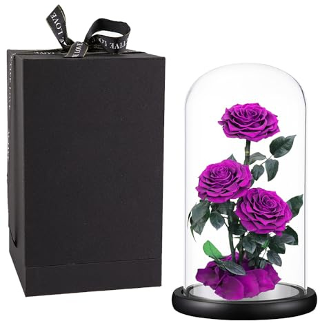 Lila Rosen, handgefertigte Rose in Glaskuppel, konservierte Blumen, nie verwelken, Geburtstagsgeschenke für Frauen (33 cm)