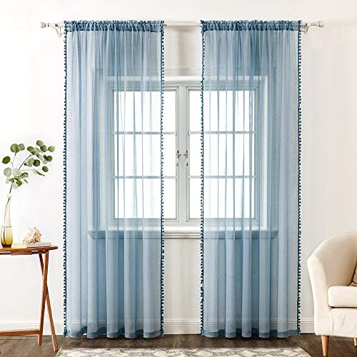 MIULEE Voile Gardine Pompons Ösen transparent 2er Set B140 H260 Blau | Luftige transparente Voile-Gardine mit Pompons, kinderfreundliches Design, dekorativ für, Schlafzimmer und Wohnzimmer