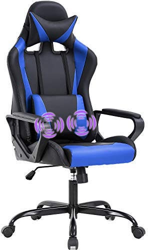 Sedia da gaming per PC, sedia da ufficio massaggiante, regolabile, con schienale alto, in pelle PU, sedia da computer con supporto lombare, poggiatesta, girevole, colore: blu