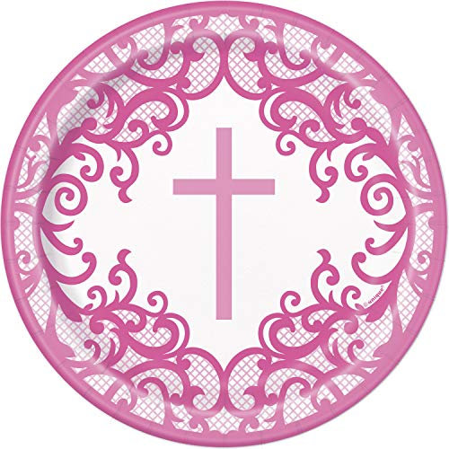 Fancy Pink Cross Round Dessert Plates (17cm) - Stunning Gold Plates for Unforgettable Events, Parties & Celebrations - 8ct