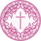 Fancy Pink Cross Round Dessert Plates (17cm) - Stunning Gold Plates for Unforgettable Events, Parties & Celebrations - 8ct