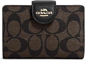 COACH Damen-Geldbörse mit Reißverschluss, mittelgroß, aus Segeltuch, Gold/Braun/Schwarz, m, umlaufender Reißverschluss