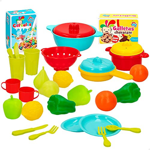 COLORBABY Caja de alimentos, Cesta frutas y verduras juguete, comida juguete plástico, comida de juguete, 31 piezas, menaje para niños, accesorios cocina juguete, + 24 meses