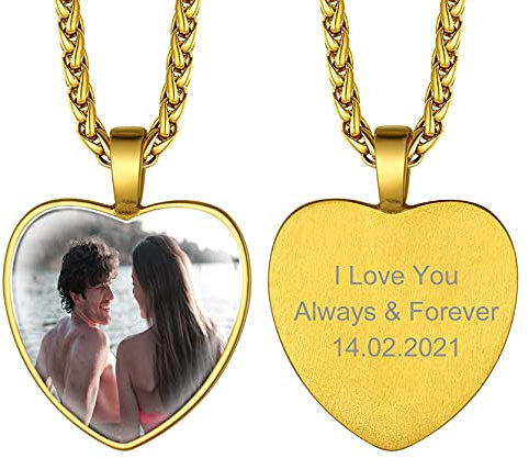 GoldChic Grabar Foto y Texto Dog Tag Corazon Colgante Placa para Poner Una Foto Regalo Mama Hipoalergenico, Oro Baño