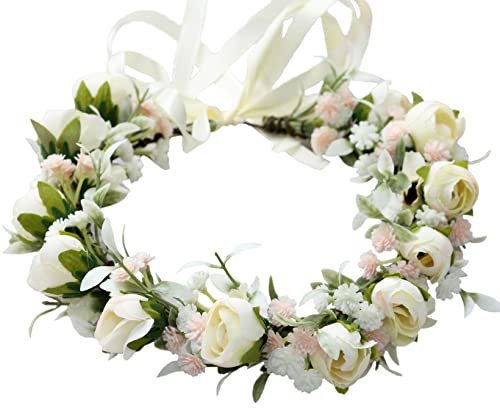 Brikuinr Blumenkranz, Braut, Blume, Stirnband, Haarkranz, Haarkranz, Haargirlande, Blumenschein, Blumen-Kopfschmuck, Boho, mit Band, Hochzeit, Party, Weiß