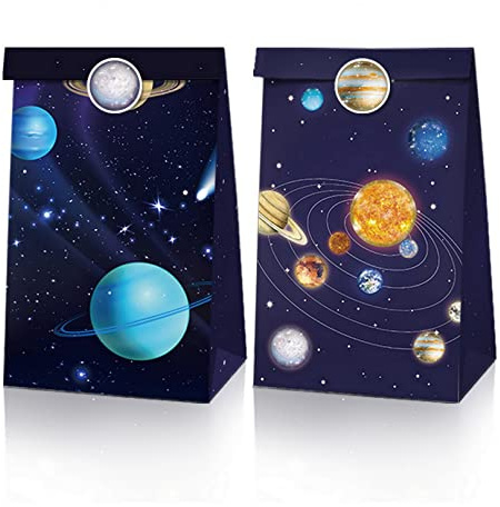 12 Pack Space Treat Taschen, Planet Party Favor Goodie Bags, Space Themed Party Favor Taschen, Süßigkeiten-Bevorzugungstüten, Geburtstagsfeier-Geschenktüten mit Aufklebern