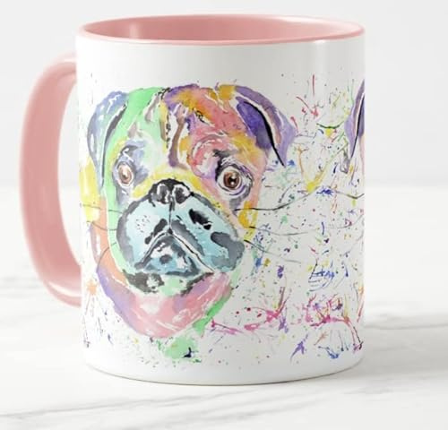 Vixar Pug Chinese Dog Pet Watercolour Art Coloured Mug Cup Gift Birthday Work Office Christmas Tea Coffee (Pink)