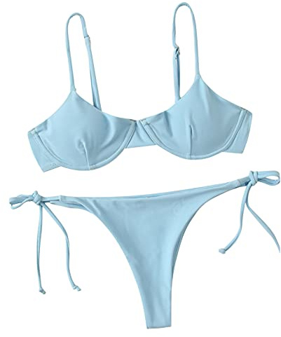 Loalirando Maillot de Bain Femme 2 Pièces Sexy Bandage Biniki Brésilien String pour Vacances Plage Bronzage, Bleu Clair B, L