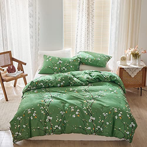 OLDBIAO Bettwäsche 200x200 cm Set, Grün Mikrofaser Bettbezug 200x200cm und Kissenbezüge 80x80cm, Ästhetisch Blume Zweig Design, Chic Bettdecke Cover mit Reißverschluss für Doppelbett