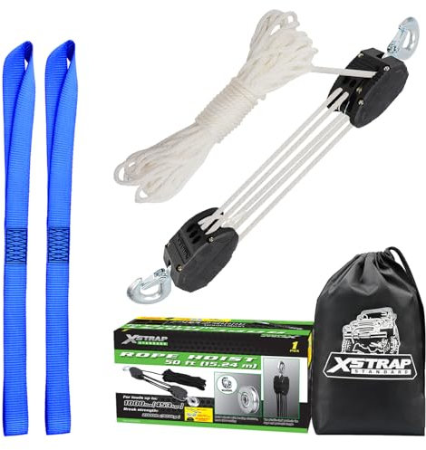 XSTRAP STANDARD Heavy-Duty 2,000LB 50 Feet Reflective Rope Hoist Pulley 1 Ton Wheel Block and Tackle System 5:1 Ratio Lifting Power with 2PK 18 inch Soft Loop (Upgraded 50ft White)