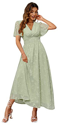 Simplee Women's Boho Floral V Neck Short Sleeve Formal Maxi Ruffle Dress Summer Long Flowy Lace Bridesmaid Wedding Party Evening Dress (S Light Green)