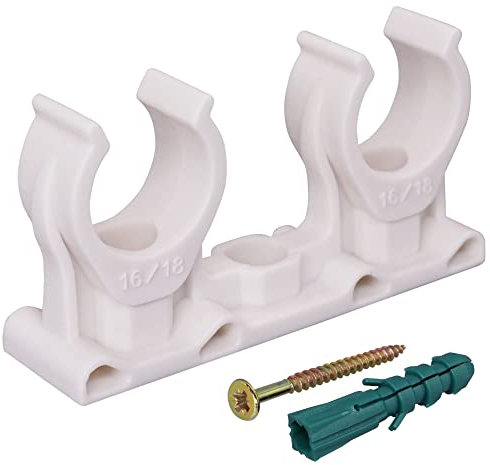 SKIR'CO (20 Stück) Doppelrohrschellen, Kunststoffschellen für 16-18mm Rohre, U-Typ Rohrklemme, Rohrschellen weiße Clips, Schlauchaufhänger