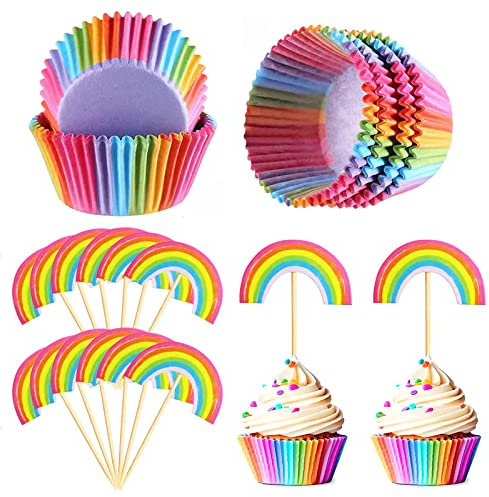 qingmeng Muffinförmchen Papier, 100 Stück Muffins Papierförmchen, 12 Stück Regenbogen Deko Form Cupcake Topper, muffin förmchen papier für Kindergeburtstag Baby Shower Party Dessert Hochzeit