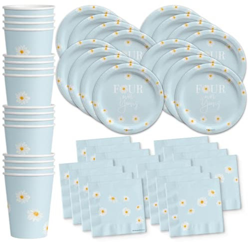 Daisy Birthday Supplies – Groovy Birthday – Four Ever Young 4. Geburtstag Partyzubehör Set Teller, Tassen und Servietten Geschirr-Set für 16 Personen
