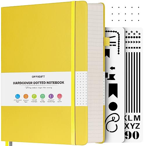 OFFIGIFT Notizbuch A5 Dotted, Hardcover Tagebuch mit 312 Nummerierten Seiten, 100g/m² Tintenfestes Papier Gepunktete Notizbücher mit Registerseiten, Tagebuch für Erwachsene, 14,5 x 21,5 cm, Gelb