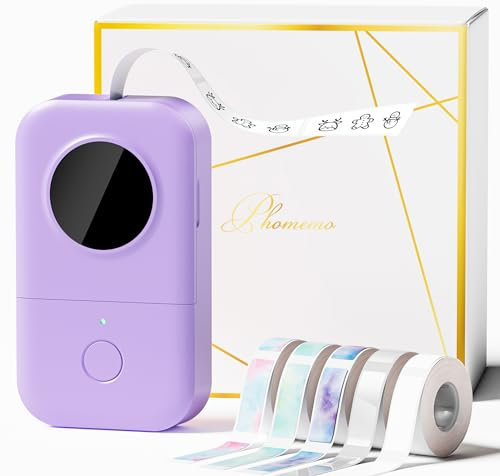 Phomemo D30 Etikettendrucker Bluetooth Etikettiergerät Beschriftungsgerät Selbstklebend Labelmaker mit 5 Rollen etikettenpapier Geschenkbox,Mini Label Printer Geeignet für Haushalt und Büro(Violett)