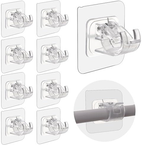 Thinp 8 Pieces No Drill Curtain Rod Brackets, Self Adhesive Curtain Rod Holder Curtain Rod Hooks Nail Free Adjustable Curtain Hangers for Bathroom Kitchen Home Window and Hotel Wall