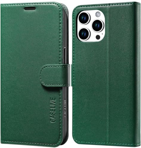 CASELIVE Wallet Case for iPhone 15 Pro, Genuine Leather Case with [Card Holder] [Screen Protector] [RFID Blocking][Shockproof TPU Inner Shell] Kickstand Foli Cover for iPhone 15 Pro(Midnight Green)