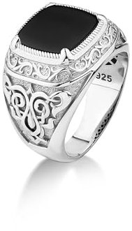 BySilverStone Jewelry Flacher Schwarzer Onyx-Ottomane-Ring Aus Sterlingsilber, Vintage-Herren-Onyx-Siegelring Mit Gravierten Motiven, Breiter Bandring