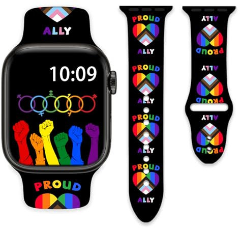 Proud Ally - Correas de reloj LGBT con diseño de corazón y arco iris del orgullo gay compatibles con Apple Watch de 38 mm, 40 mm, 41 mm, para niñas, mujeres y hombres, correa de silicona de repuesto