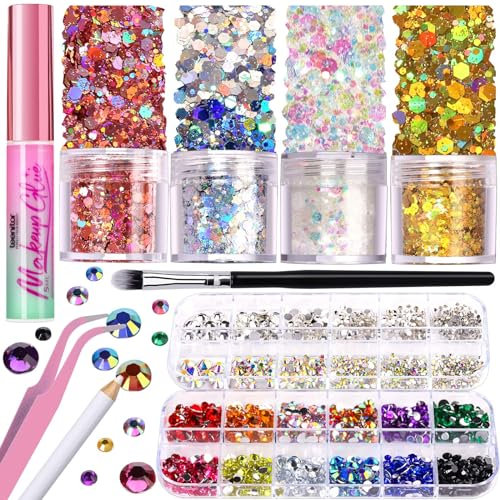 Teenitor Body Glitter with Skin Glue Set, 4 Bottle Face Glitter Makeup & 2 Box Face Gems for Women, Iridescent White Body Glitter Face Glue for Rhinestones for Makeup, Nail Gems with Wax Pencil