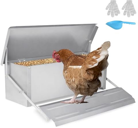 UISEBRT Futterautomat Hühner 10kg Verzinkter Stahl hühnerfütterung Futtertrog mit Automatisches Pedal und Wasserfest Deckel rattensicher hühnerfütterung für Geflügel, HüHner, Enten, GäNse