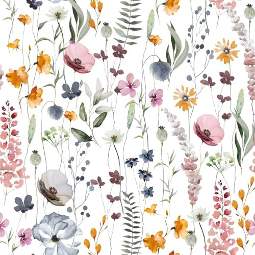 CHDITB Blumen Tapete Selbstklebende,Aquarell Tapete Blätter Blumen,Boho Wohnzimmer Tapete,(44x300cm) Weiß Blumen Fototapete,Wasserdicht Möbelfolie Blumen Pflanzen Klebefolie Schlafzimmer Küche